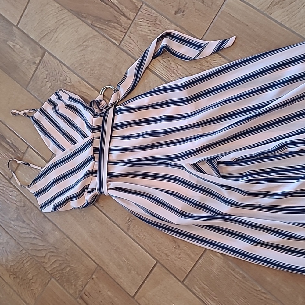 Jumpsuit Romper Long M Pink Blue Strip Lined Halter Top